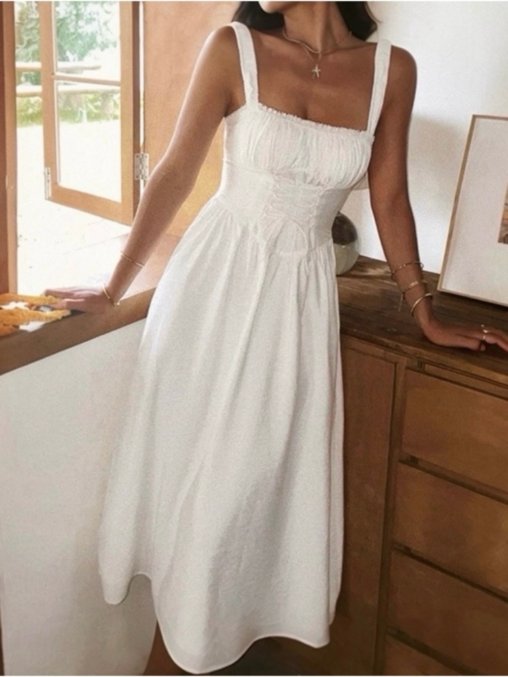 Commense Coastal Cowgirl White Corset Midi Dress NWT Large Lace Up Romantic